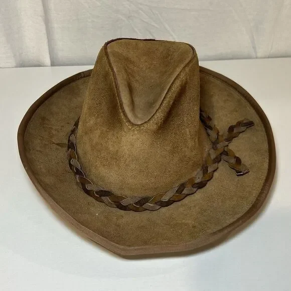 Vtg Henschel Skullys Braid Suede Hat LG Cowhide Leather Outback Bush USA Cowboy - Picture 1 of 8
